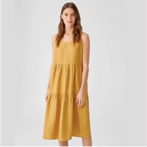 Eileen Fisher Washed Organic Linen Delave Tiered Dress Marigold Yellow